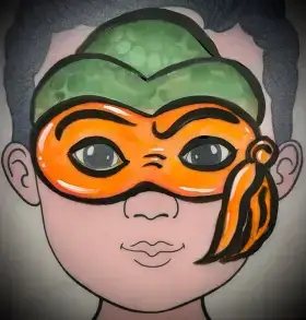 Green turtle-inspired superhero face painting mask with orange eye band.