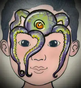 Colorful octopus face painting design for beach-themed parties and family events.