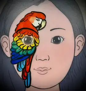 Colorful parrot face painting design with bright tropical feathers.