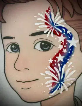 Patriotic fireworks face painting design with red, white, and blue stars and stripes.