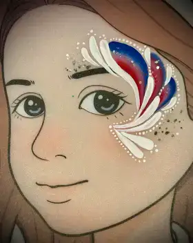 Red, white, and blue firework face painting design around the eye.