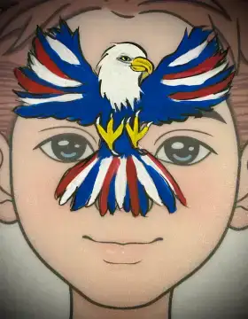 Bald eagle face painting design with patriotic red and blue accents.