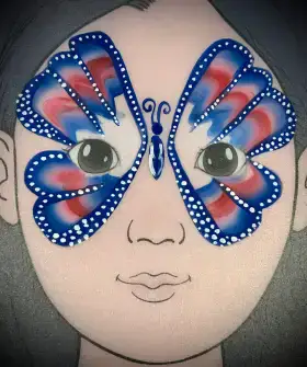 Patriotic butterfly face painting mask with red, white, and blue details.
