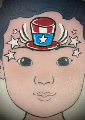 Uncle Sam hat forehead face painting design with red, white, and blue stars.