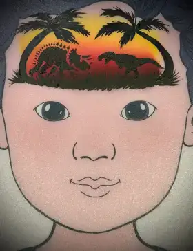 Dinosaur silhouette crown face painting design with warm sunset colors across the forehead.