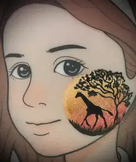 Giraffe silhouette cheek face painting design with warm sunset colors.
