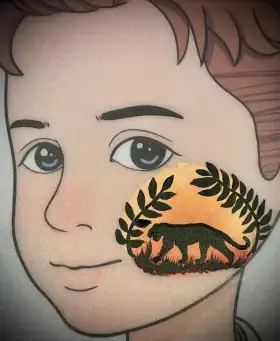 Tiger silhouette cheek face painting design with warm sunset colors.