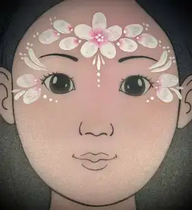 White flower crown face painting design with soft petals and leaves across the forehead.