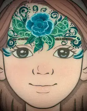 Blue rose crown face painting design with soft petals and leaves across the forehead.
