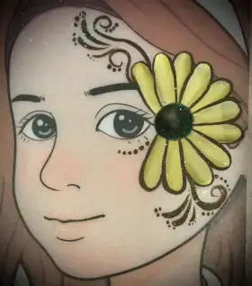 Yellow flower face painting design swirling around the eye with sparkle accents.