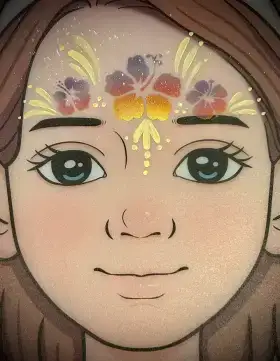 Hibiscus flower crown face painting design across the forehead.