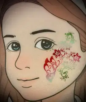 Butterfly and floral cheek face painting design with colorful flowers and glitter.