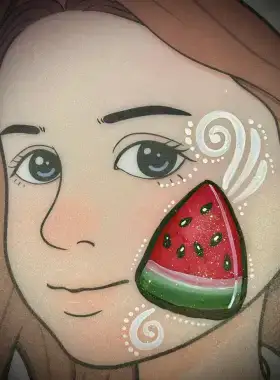 Watermelon slice cheek face painting design with green rind and black seeds.