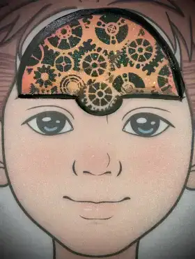 Clockwork gear crown face painting design with interlocking gear details across the forehead.