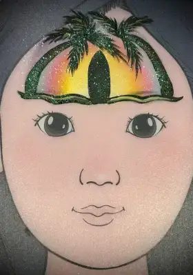 Surfboard silhouette crown face painting design with warm sunset colors across the forehead.