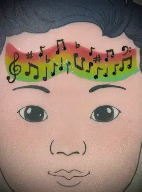Music notes crown face painting design in bright colors across the forehead.