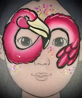 Pink flamingo face painting mask with curved neck details and glitter accents around the eyes.