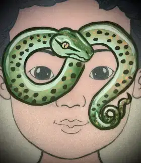 Green snake face painting mask with scales curling around the eyes.