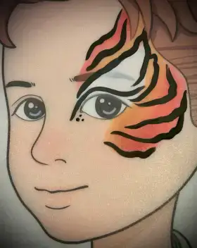 Tiger stripe face painting design in orange and black around the eye.