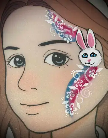Bunny face painting design with flowers for spring parties and children's events.