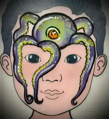 Colorful octopus face painting design for beach-themed parties and family events.