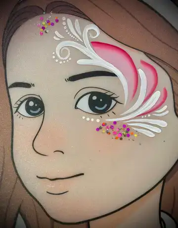 Pink feather face painting design with glitter for princess-themed birthday parties.