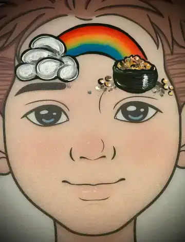 Rainbow face painting design with pot of gold for kids party entertainment.