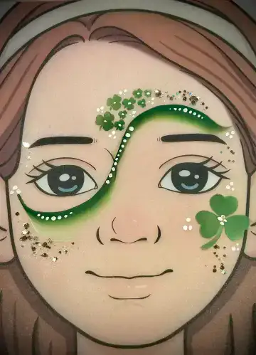 Shamrock face painting design with sparkles for seasonal parties and community events.